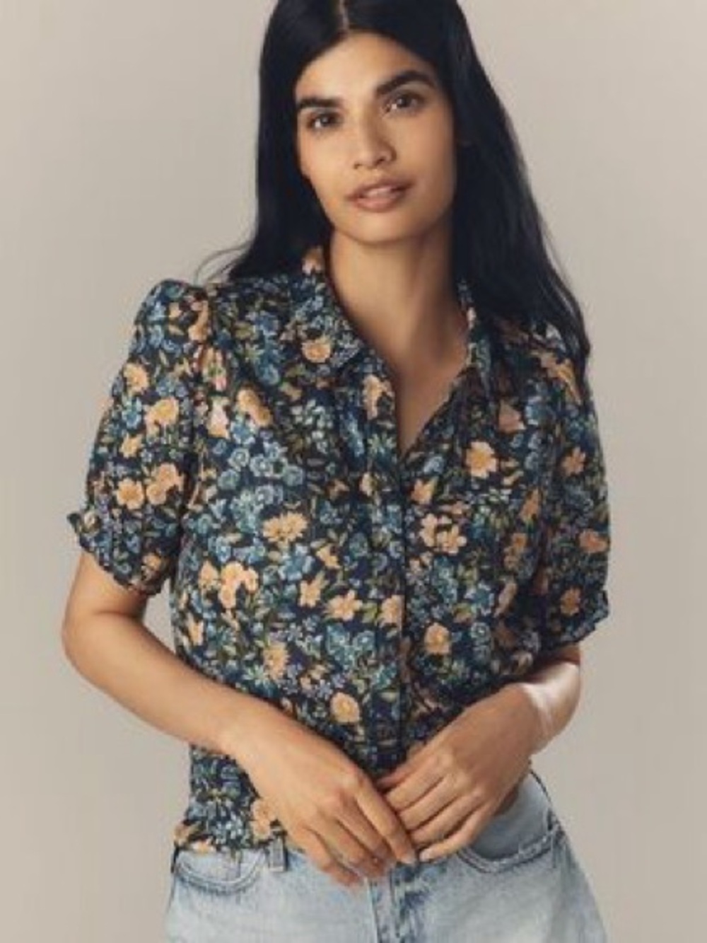 Pilcro The Aly Puff-Sleeve Blouse Floral Bohemian Vacation Flowy in Navy 1X